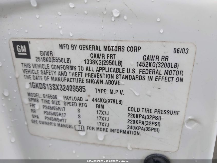 2003 GMC Envoy Slt VIN: 1GKDS13SX32409585 Lot: 43830879