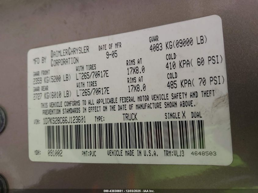 2006 Dodge Ram 2500 Laramie VIN: 1D7KS28C66J123601 Lot: 43830881