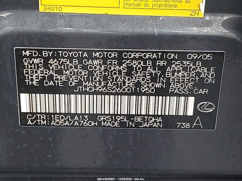 2006 Lexus Gs 300 VIN: JTHCH96S260011950 Lot: 43830907