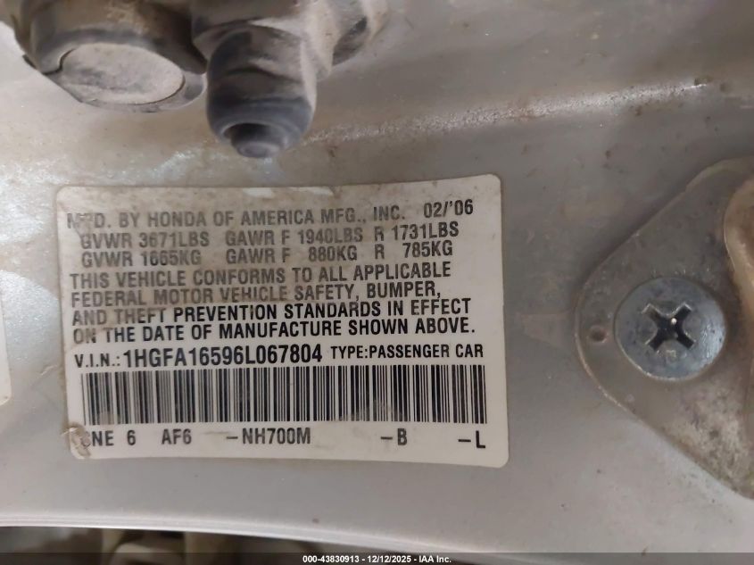 2006 Honda Civic Lx VIN: 1HGFA16596L067804 Lot: 43830913