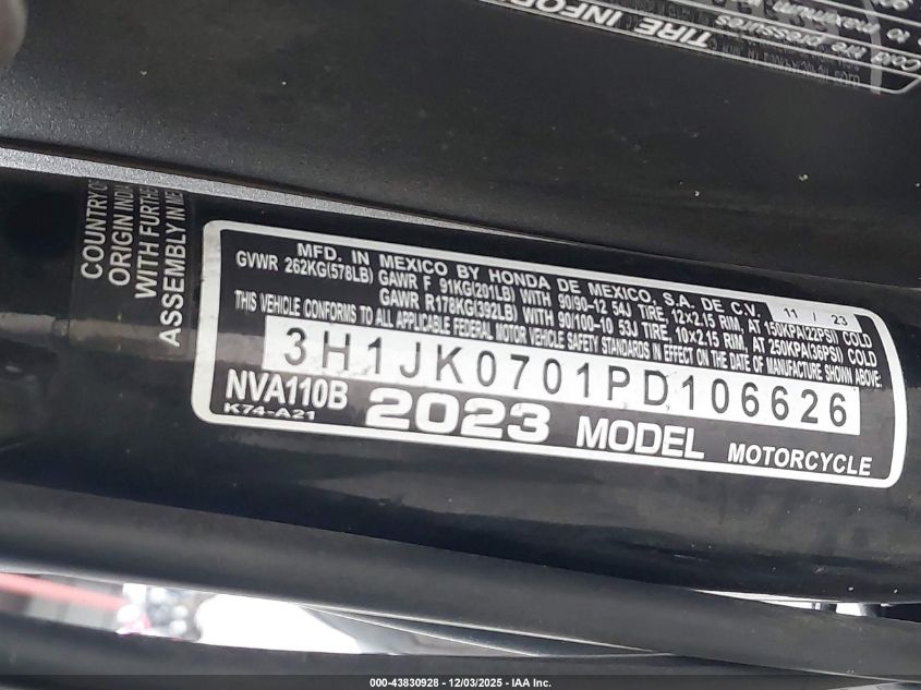 2023 Honda Nva110 B VIN: 3H1JK0701PD106626 Lot: 43830928