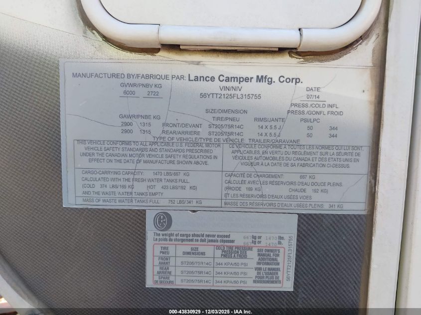 2015 Lance 2185 VIN: 56YTT2125FL315755 Lot: 43830929