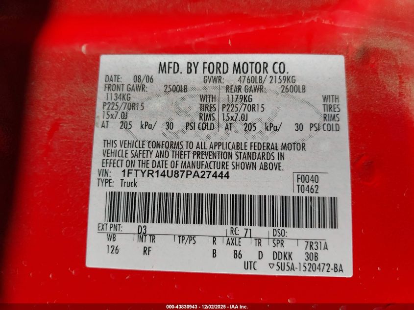 2007 Ford Ranger Sport/Stx/Xl/Xlt VIN: 1FTYR14U87PA27444 Lot: 43830943