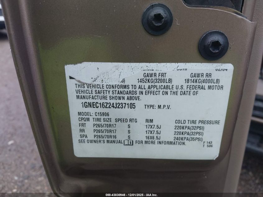 2004 Chevrolet Suburban 1500 Lt VIN: 1GNEC16Z24J237105 Lot: 43830946