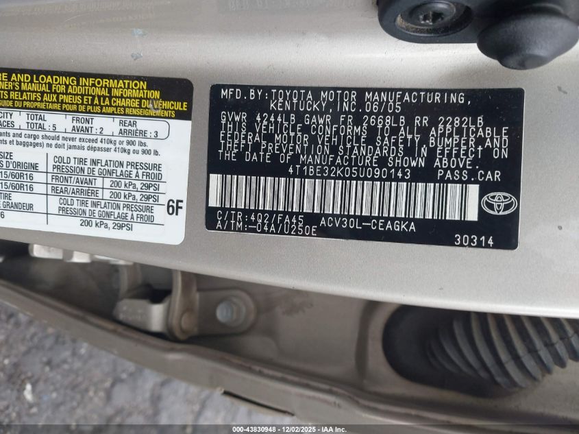 2005 Toyota Camry Xle VIN: 4T1BE32K05U090143 Lot: 43830948