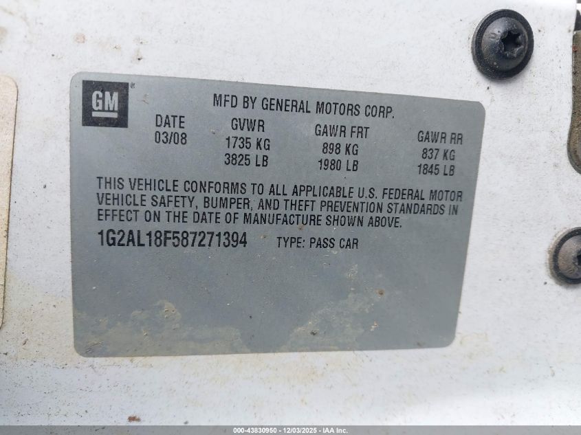 2008 Pontiac G5 VIN: 1G2AL18F587271394 Lot: 43830950