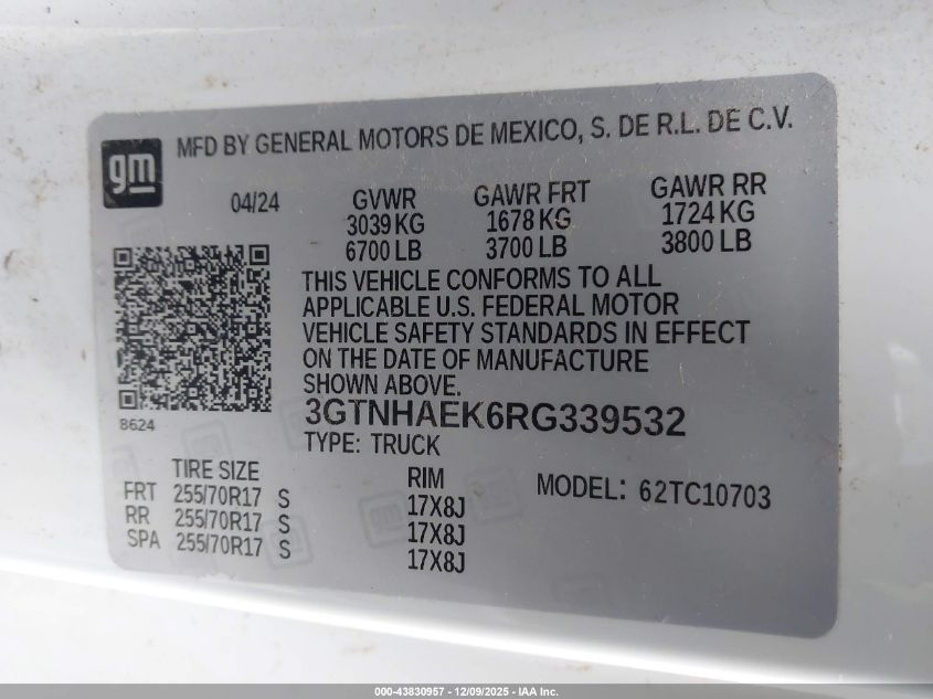 2024 GMC Sierra 1500 2Wd Standard Box Pro VIN: 3GTNHAEK6RG339532 Lot: 43830957