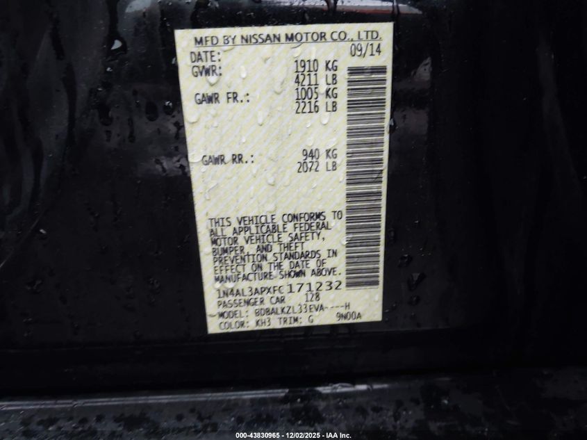 2015 Nissan Altima 2.5 Sv VIN: 1N4AL3APXFC171232 Lot: 43830965