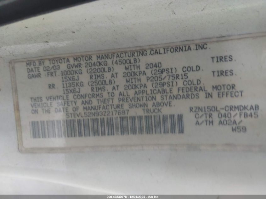 2003 Toyota Tacoma VIN: 5TEVL52N93Z217697 Lot: 43830978