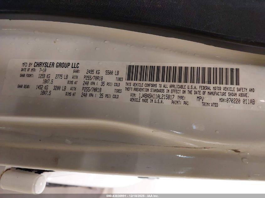 2010 Jeep Wrangler Unlimited Sahara VIN: 1J4BA5H11AL215817 Lot: 43830991