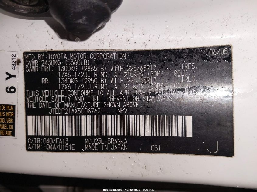 2005 Toyota Highlander Limited V6 VIN: JTEDP21AX50087621 Lot: 43830990