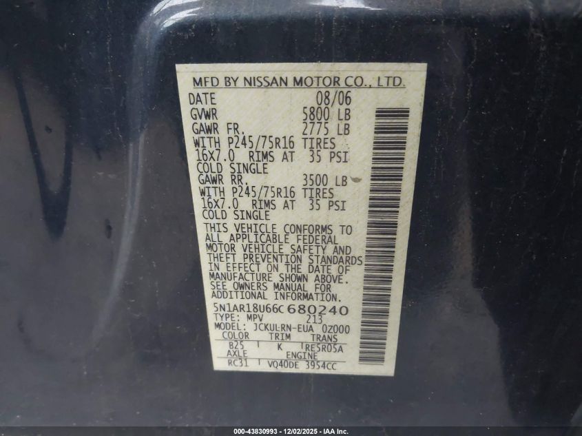 2006 Nissan Pathfinder S VIN: 5N1AR18U66C680240 Lot: 43830993