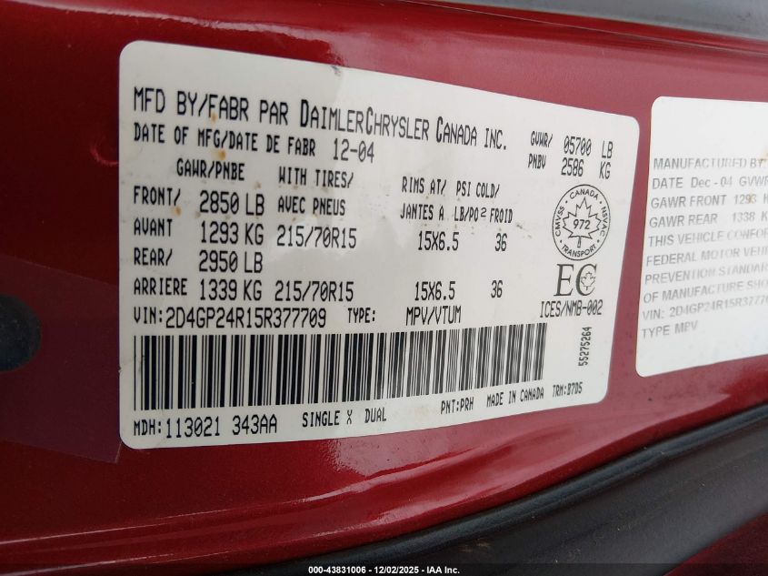 2005 Dodge Grand Caravan VIN: 2D4GP24R15R377709 Lot: 43831006