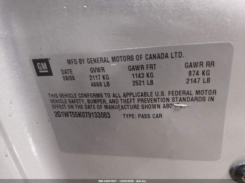 2007 Chevrolet Impala Lt VIN: 2G1WT55K079133083 Lot: 43831027