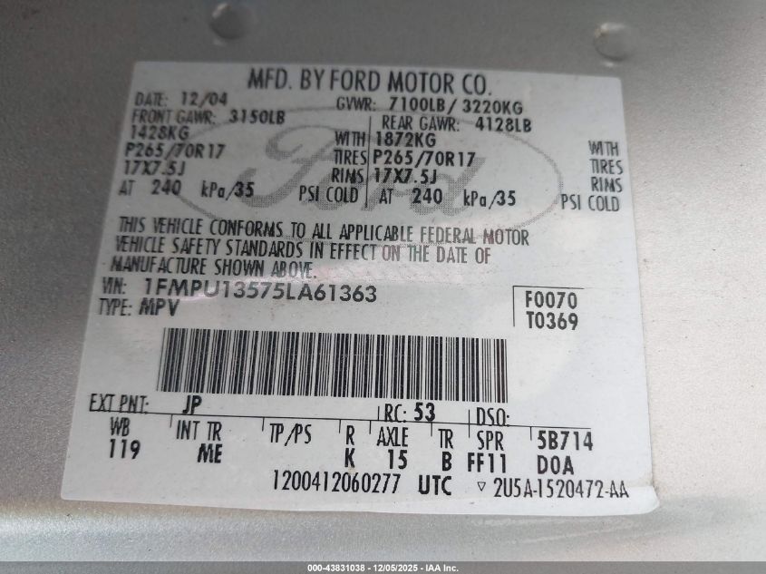 2005 Ford Expedition Xls VIN: 1FMPU13575LA61363 Lot: 43831038