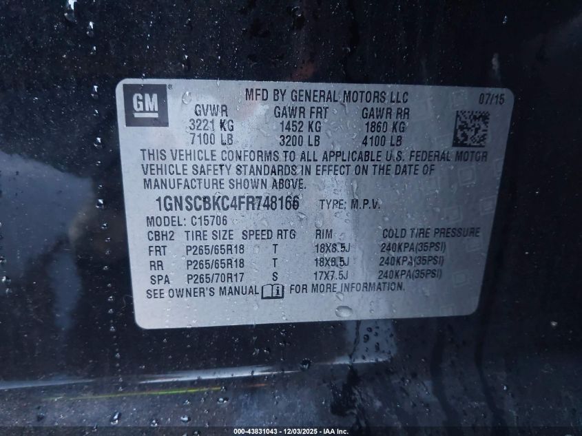 2015 Chevrolet Tahoe Lt VIN: 1GNSCBKC4FR748166 Lot: 43831043