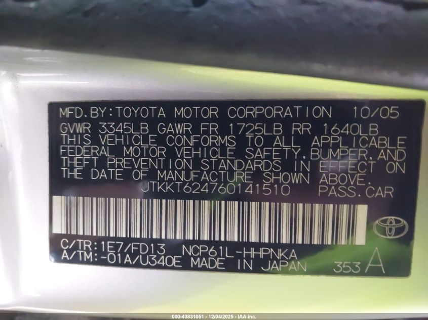 2006 Scion Xa VIN: JTKKT624760141510 Lot: 43831051