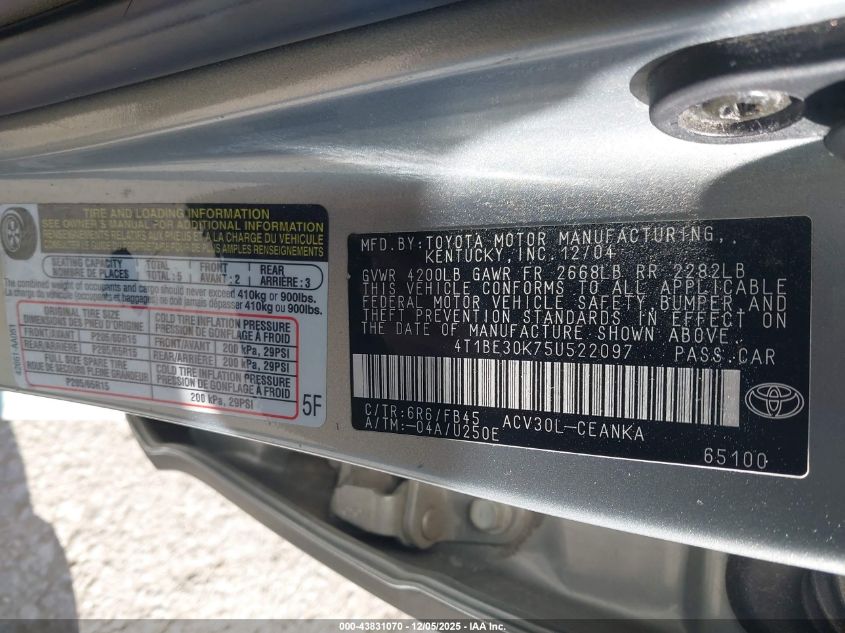 2005 Toyota Camry Le VIN: 4T1BE30K75U522097 Lot: 43831070