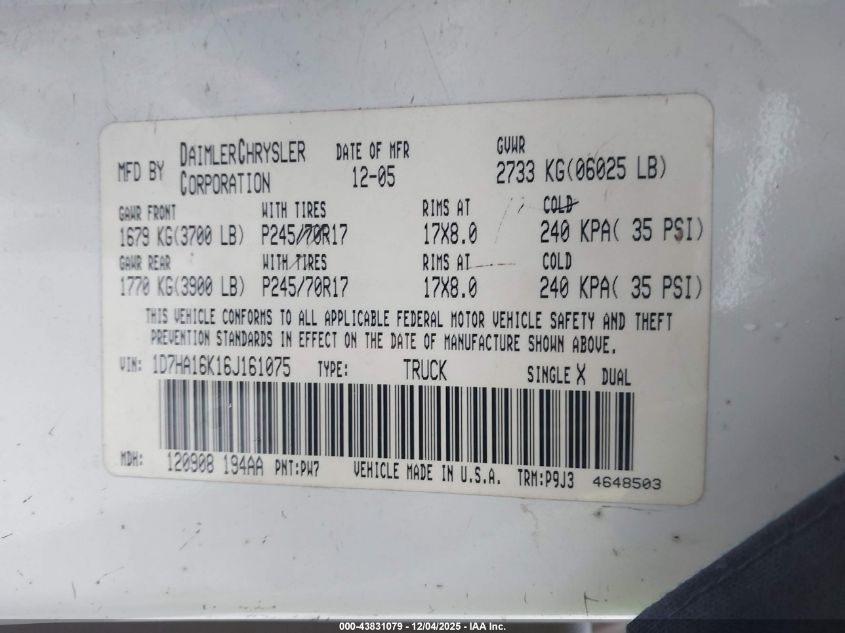 2006 Dodge Ram 1500 St VIN: 1D7HA16K16J161075 Lot: 43831079