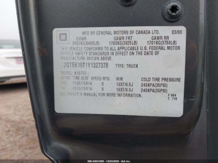2000 GMC Sierra 1500 Sle VIN: 2GTEK19T1Y1327378 Lot: 43831085