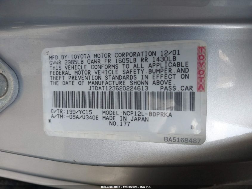 2002 Toyota Echo VIN: JTDAT123620224613 Lot: 43831083