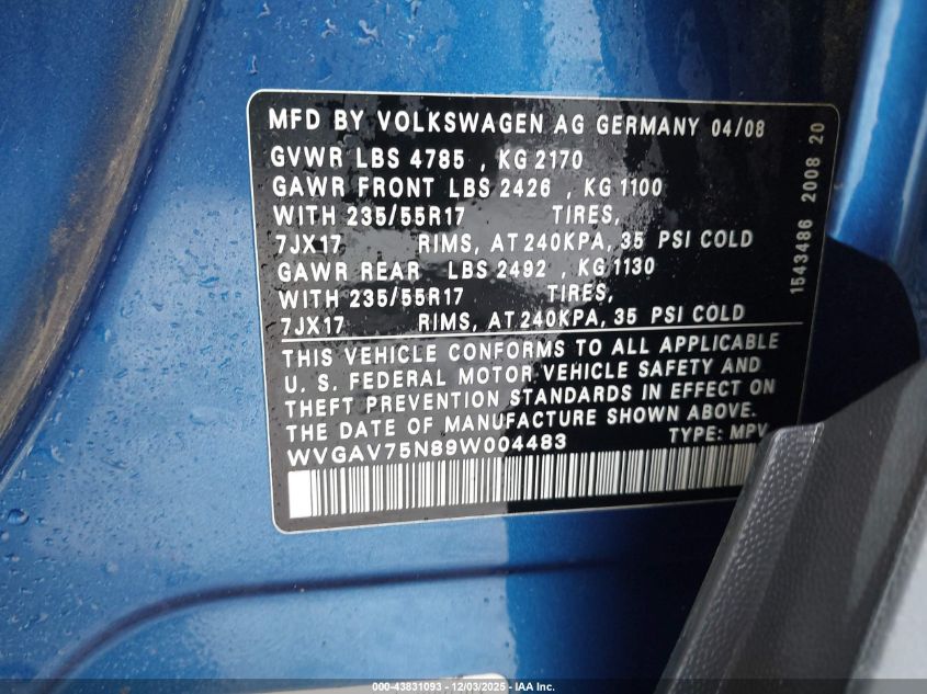 2009 Volkswagen Tiguan S/Se/Sel VIN: WVGAV75N89W004483 Lot: 43831093