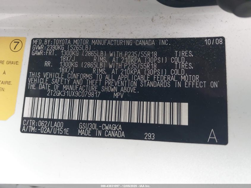 2009 Lexus Rx 350 VIN: 2T2GK31UX9C079817 Lot: 43831097