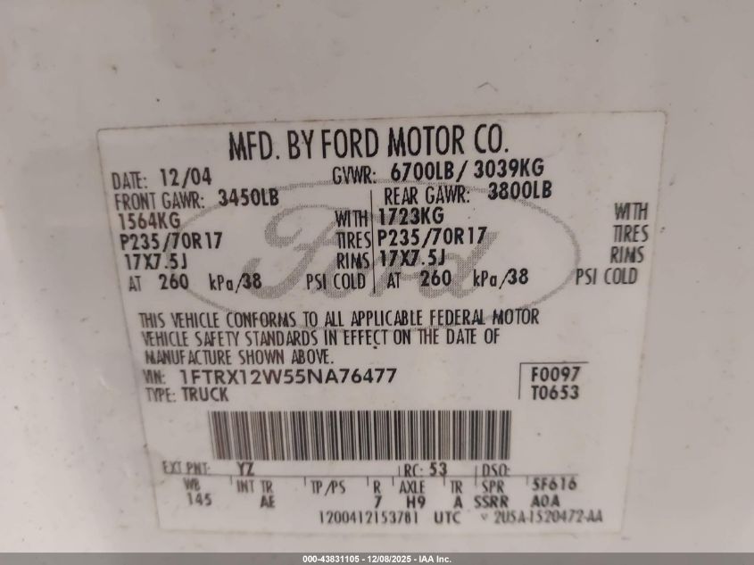 2005 Ford F-150 Stx/Xl/Xlt VIN: 1FTRX12W55NA76477 Lot: 43831105