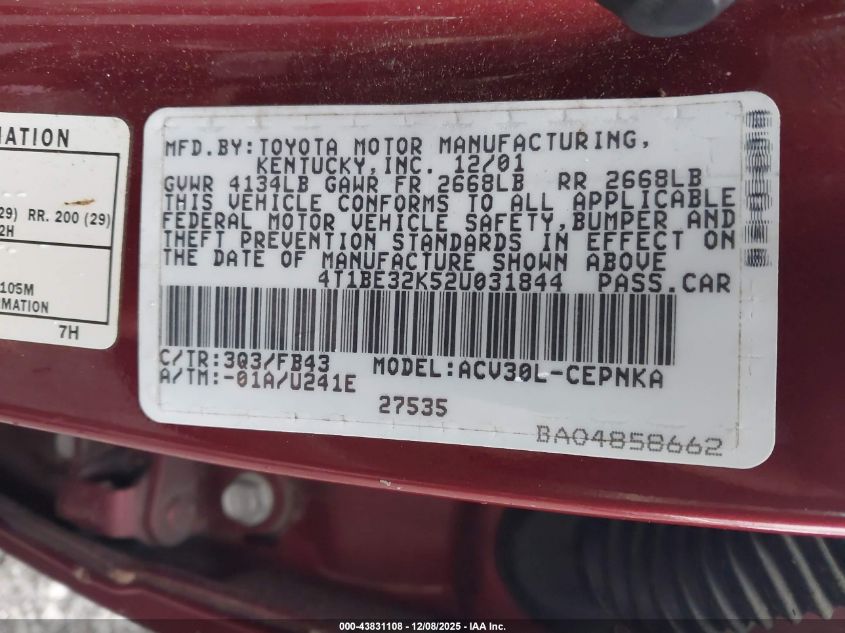 2002 Toyota Camry Le VIN: 4T1BE32K52U031844 Lot: 43831108