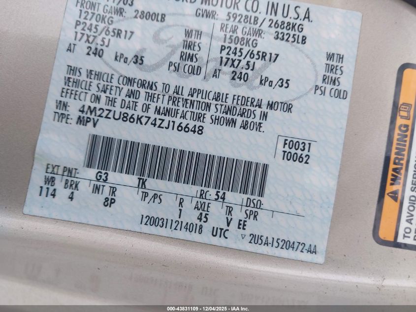 2004 Mercury Mountaineer VIN: 4M2ZU86K74ZJ16648 Lot: 43831109