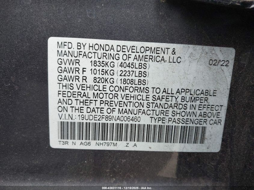 2022 Acura Ilx Premium A-Spec Packages/Technology A-Spec Packages VIN: 19UDE2F89NA006460 Lot: 43831116