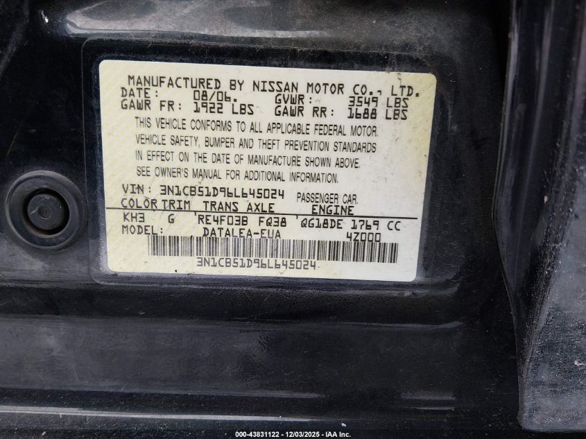 2006 Nissan Sentra 1.8S VIN: 3N1CB51D96L645024 Lot: 43831122