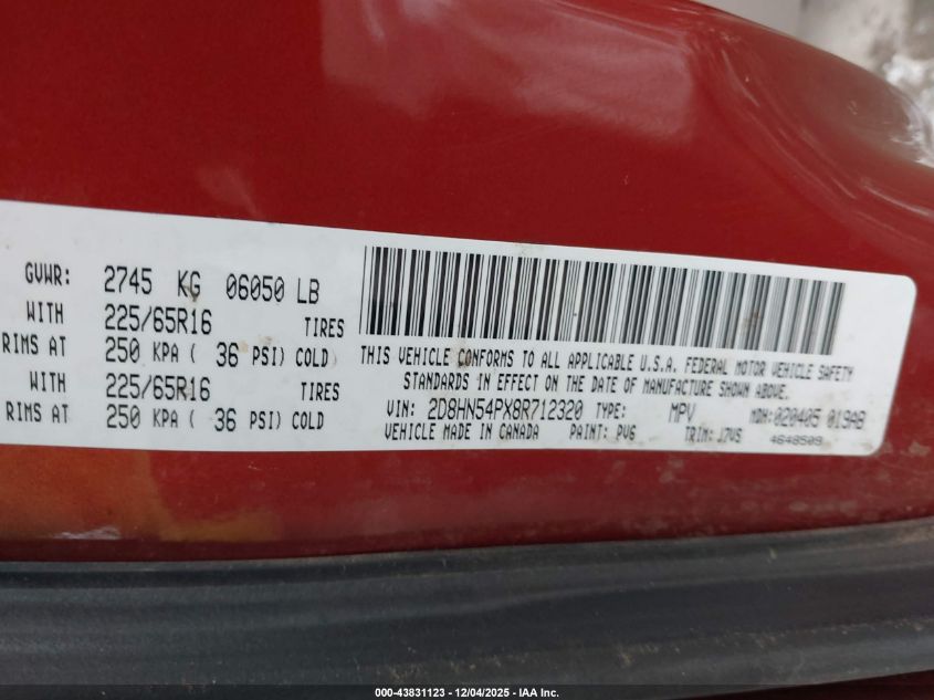 2008 Dodge Grand Caravan Sxt VIN: 2D8HN54PX8R712320 Lot: 43831123