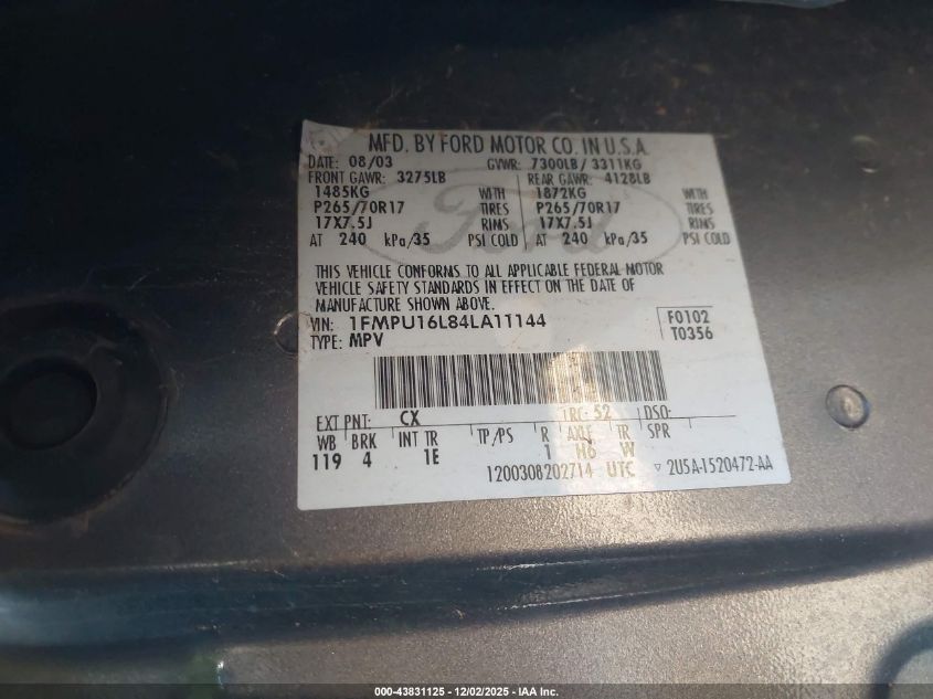 2004 Ford Expedition Nbx/Xlt VIN: 1FMPU16L84LA11144 Lot: 43831125