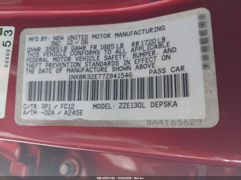 2007 Toyota Corolla S VIN: 1NXBR32E77Z841546 Lot: 43831162