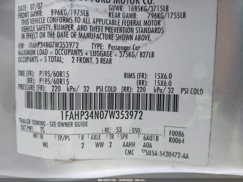 2007 Ford Focus S/Se/Ses VIN: 1FAHP34N07W353972 Lot: 43831165