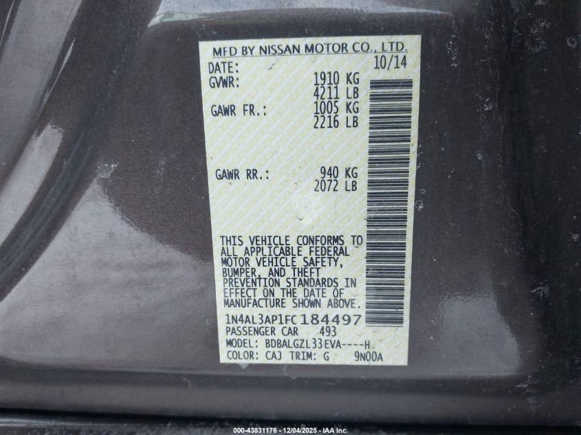 2015 Nissan Altima 2.5 S VIN: 1N4AL3AP1FC184497 Lot: 43831176