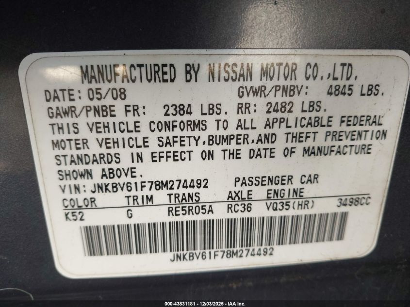 2008 Infiniti G35X VIN: JNKBV61F78M274492 Lot: 43831181