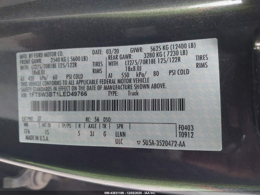 2020 Ford F-350 Xl VIN: 1FT8W3BT1LED49766 Lot: 43831186