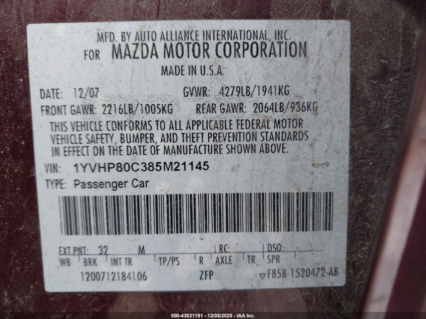 2008 Mazda Mazda6 I Sport Ve VIN: 1YVHP80C385M21145 Lot: 43831191