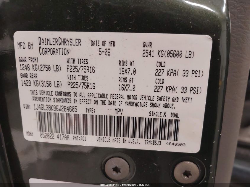 2006 Jeep Liberty Renegade VIN: 1J4GL38K86W284605 Lot: 43831195