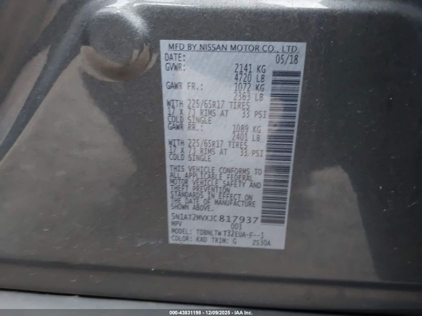 2018 Nissan Rogue Sv VIN: 5N1AT2MVXJC817937 Lot: 43831198