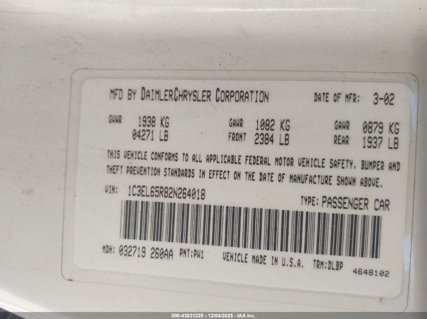 2002 Chrysler Sebring Limited VIN: 1C3EL65R82N264018 Lot: 43831225