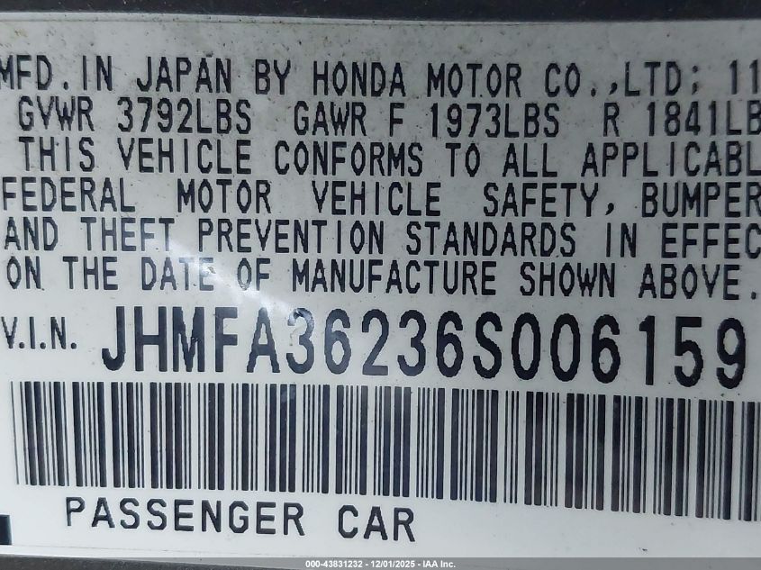 2006 Honda Civic Hybrid VIN: JHMFA36236S006159 Lot: 43831232