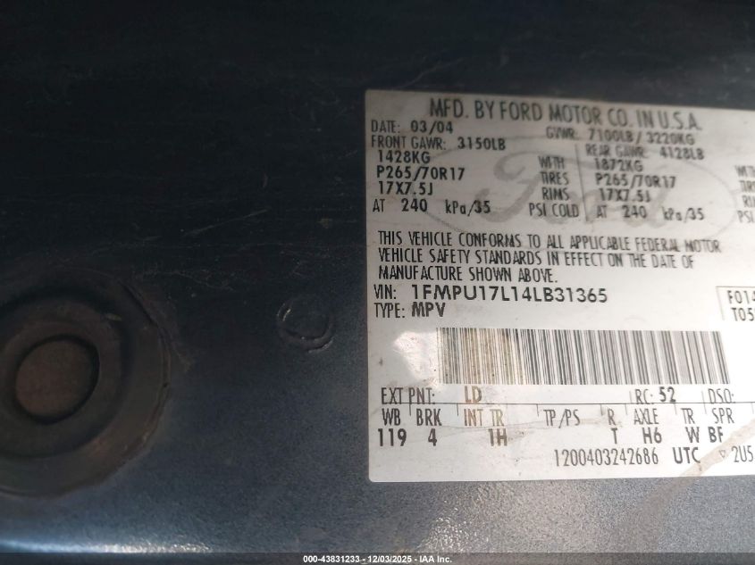 2004 Ford Expedition Eddie Bauer VIN: 1FMPU17L14LB31365 Lot: 43831233