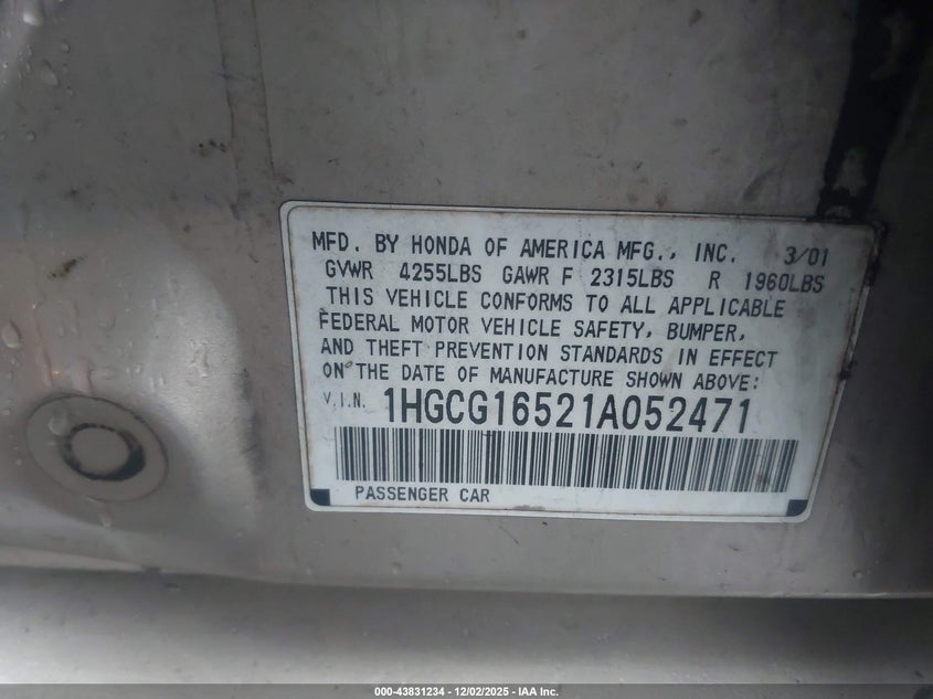1HGCG16521A052471 2001 HONDA ACCORD photo no. 9
