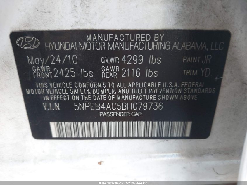2011 Hyundai Sonata Gls VIN: 5NPEB4AC5BH079736 Lot: 43831236