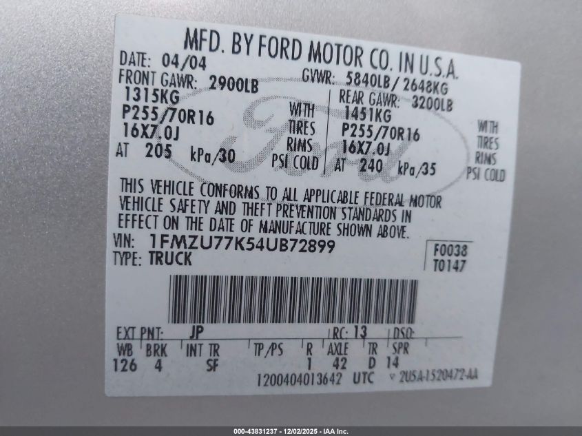 2004 Ford Explorer Sport Trac Adrenalin/Xls/Xlt VIN: 1FMZU77K54UB72899 Lot: 43831237