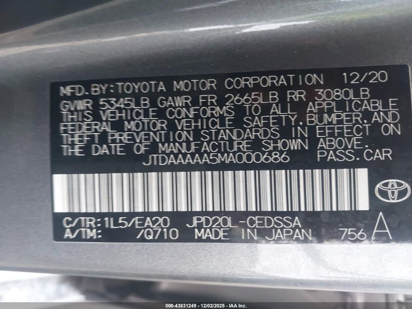 2021 Toyota Mirai Xle VIN: JTDAAAAA5MA000686 Lot: 43831249