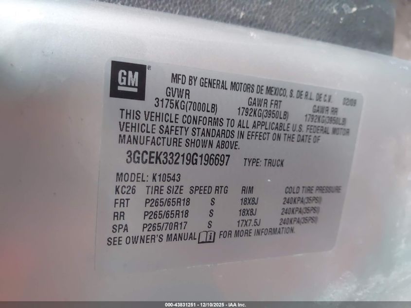 2009 Chevrolet Silverado 1500 Ltz VIN: 3GCEK33219G196697 Lot: 43831251